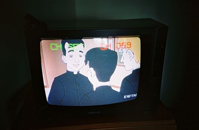 We did a little bit of late night TV, and caught this cartoon about two Spanish-speaking priests. Ay, que loco.